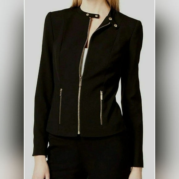 Calvin Klein Jackets & Blazers - Calvin Klein Black Collarless Zip-Front Blazer Jacket with Gold Hardware Size 10